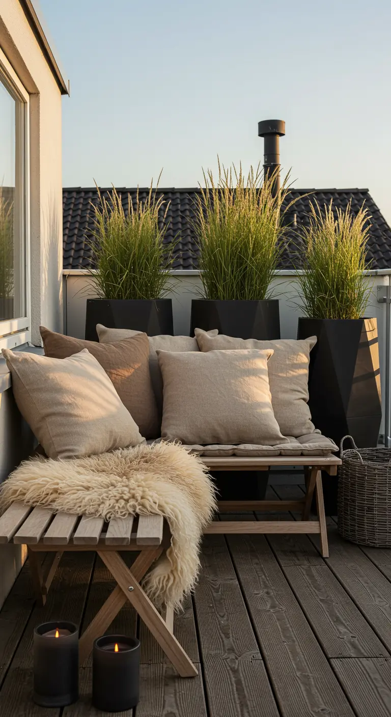 A sunny balcony bench with linen cushions and ornamental grasses in tall black planters.