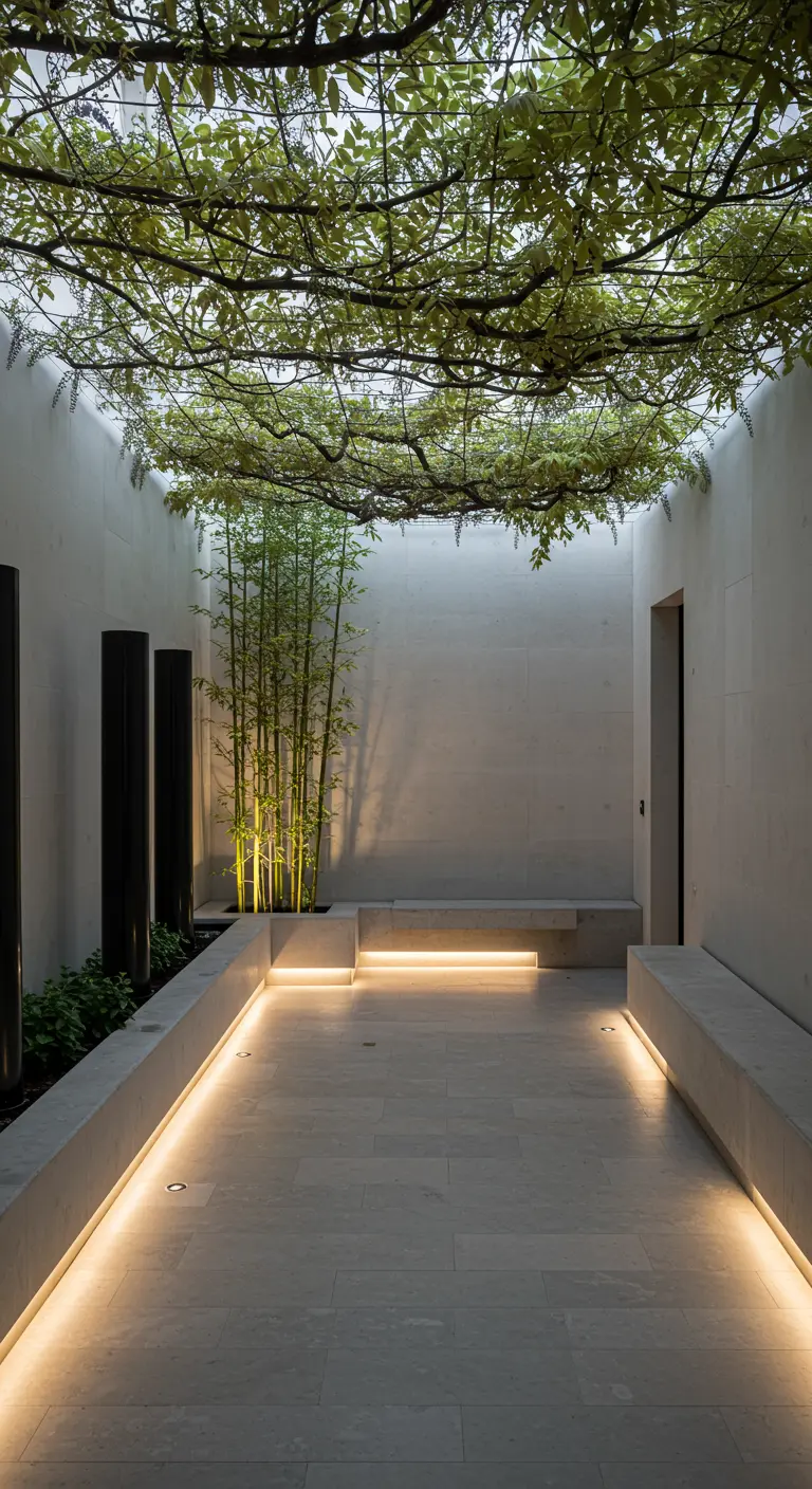 Minimalist courtyard with a wisteria canopy overhead and subtle LED strip lighting along the floor.