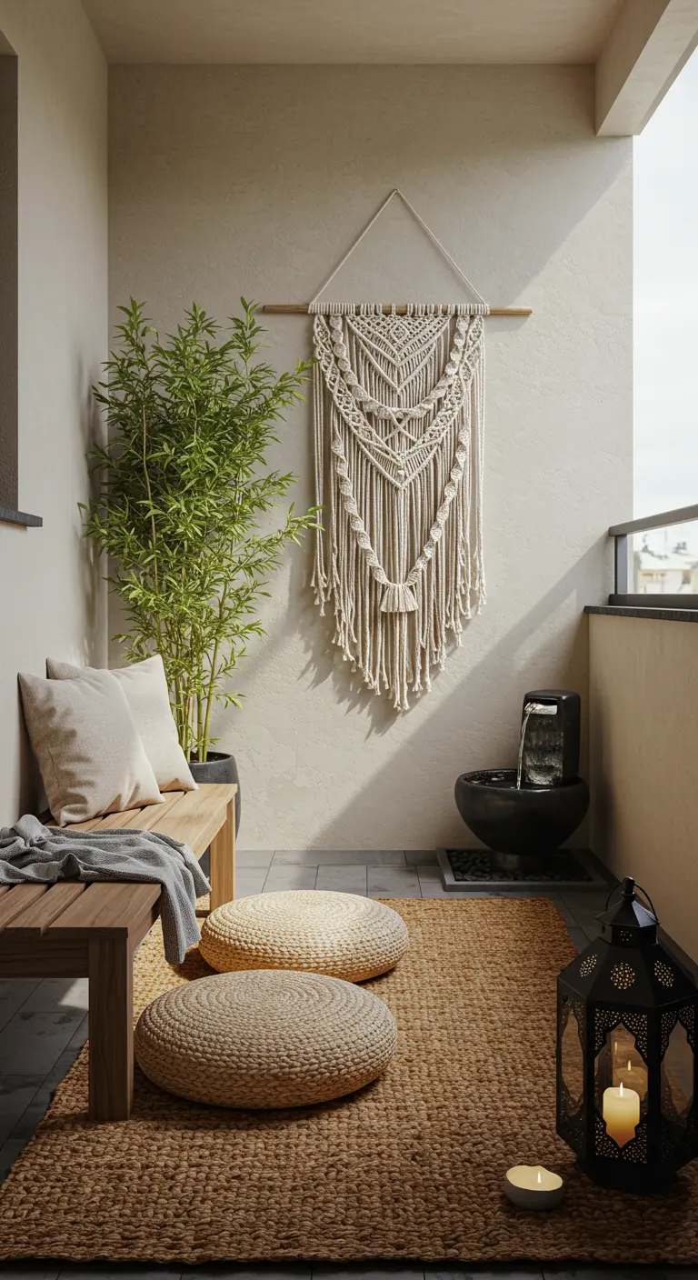 A zen balcony with a small water fountain, a jute rug, and a wooden bench.