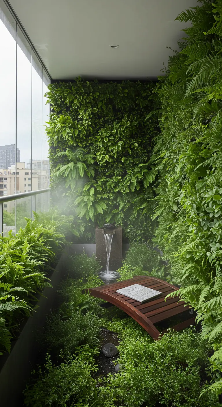 A lush balcony with a small waterfall feature and a curved wooden bench surrounded by ferns.
