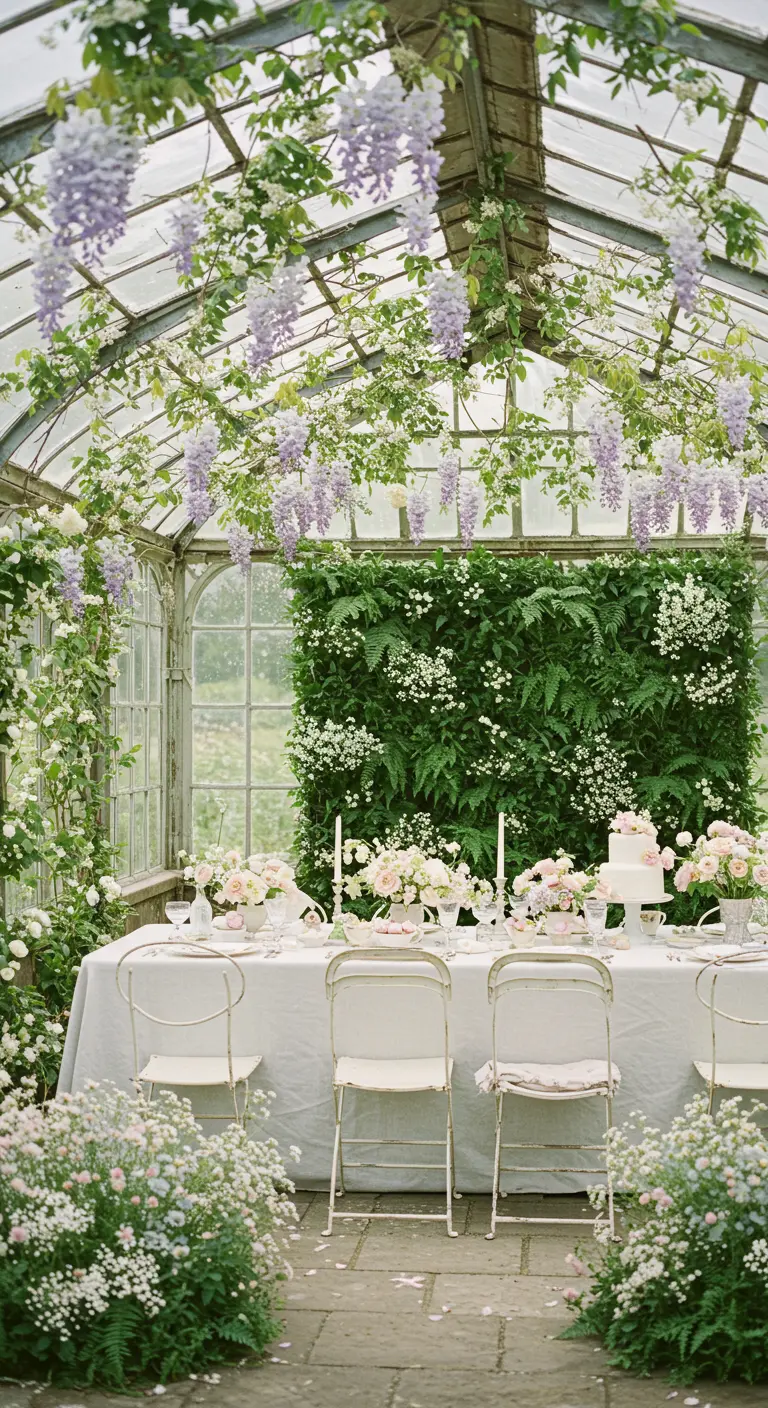 A romantic party table in a glass greenhouse with hanging wisteria and a fern wall.