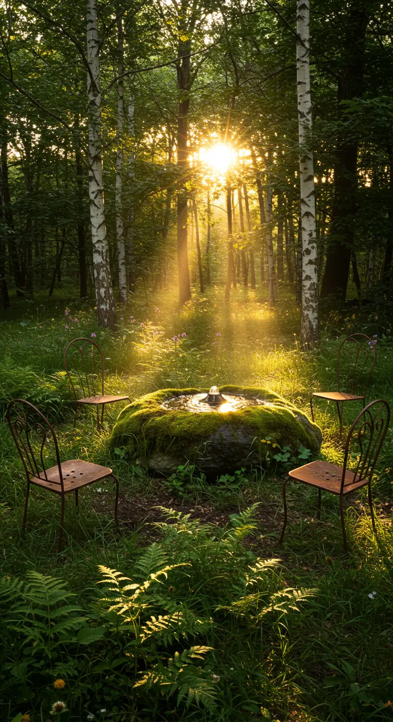 Moss-covered rock fountain in a sunlit forest clearing with rusty chairs.