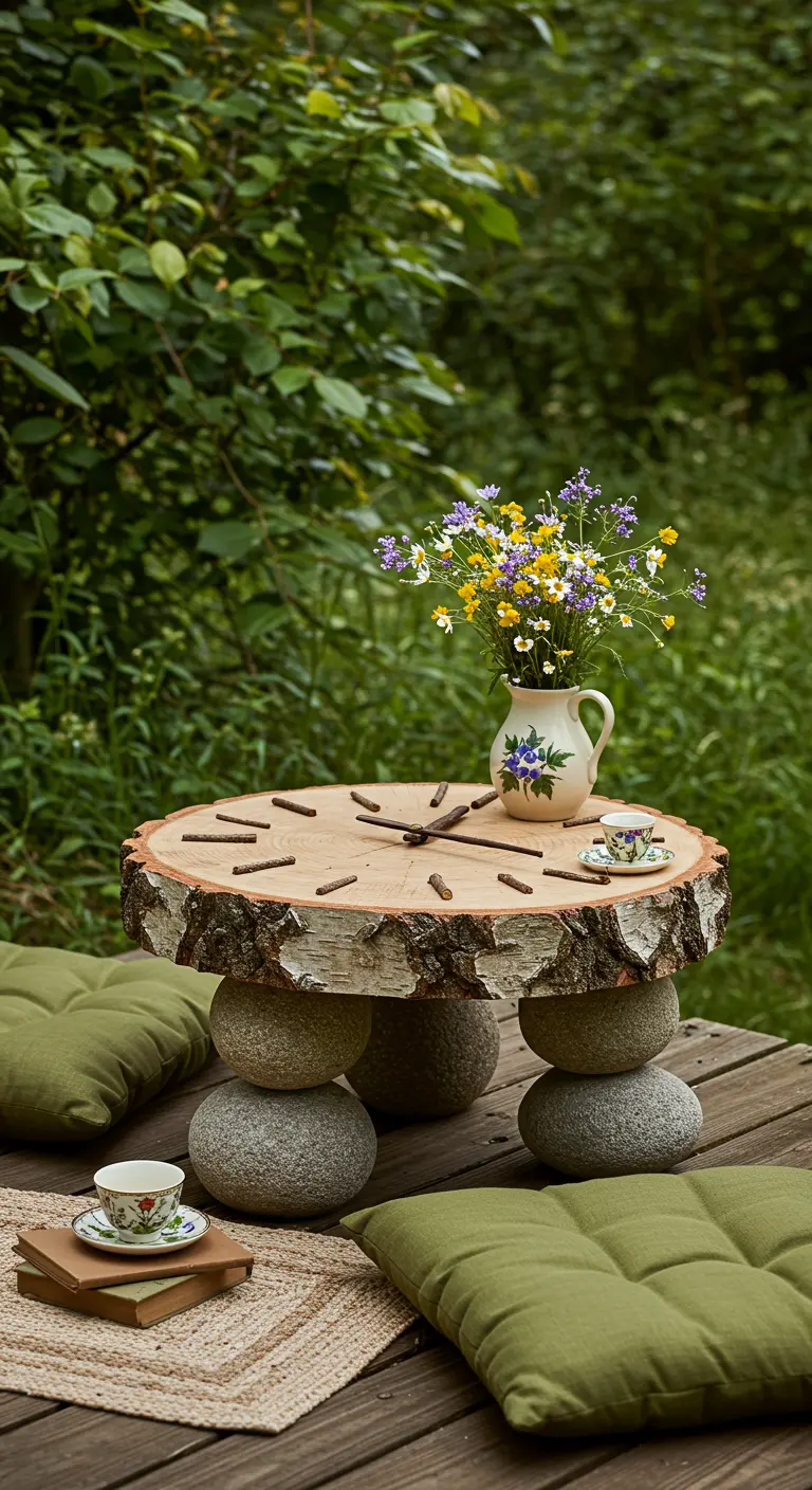 A low, birch log slice table with a stone base, twig clock markers, and floor cushions.