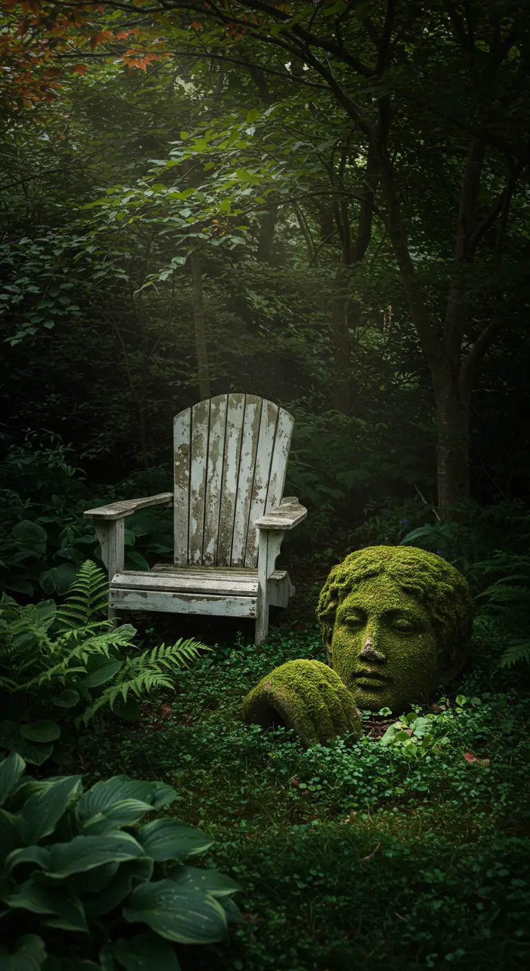 An oversized, moss-covered stone head statue emerging from a bed of ferns and groundcover.
