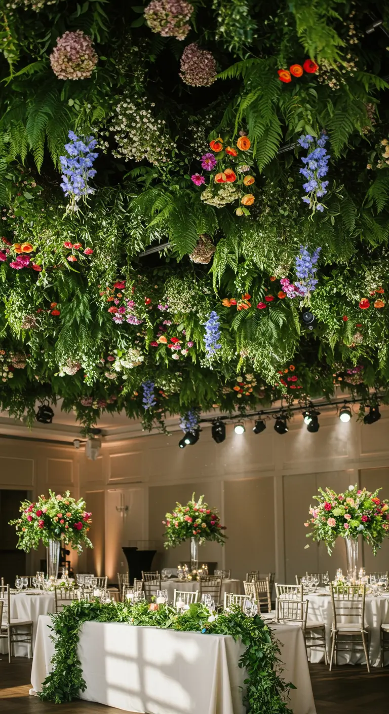 A lush ceiling of ferns and colorful wildflowers hangs over a ballroom wedding reception.