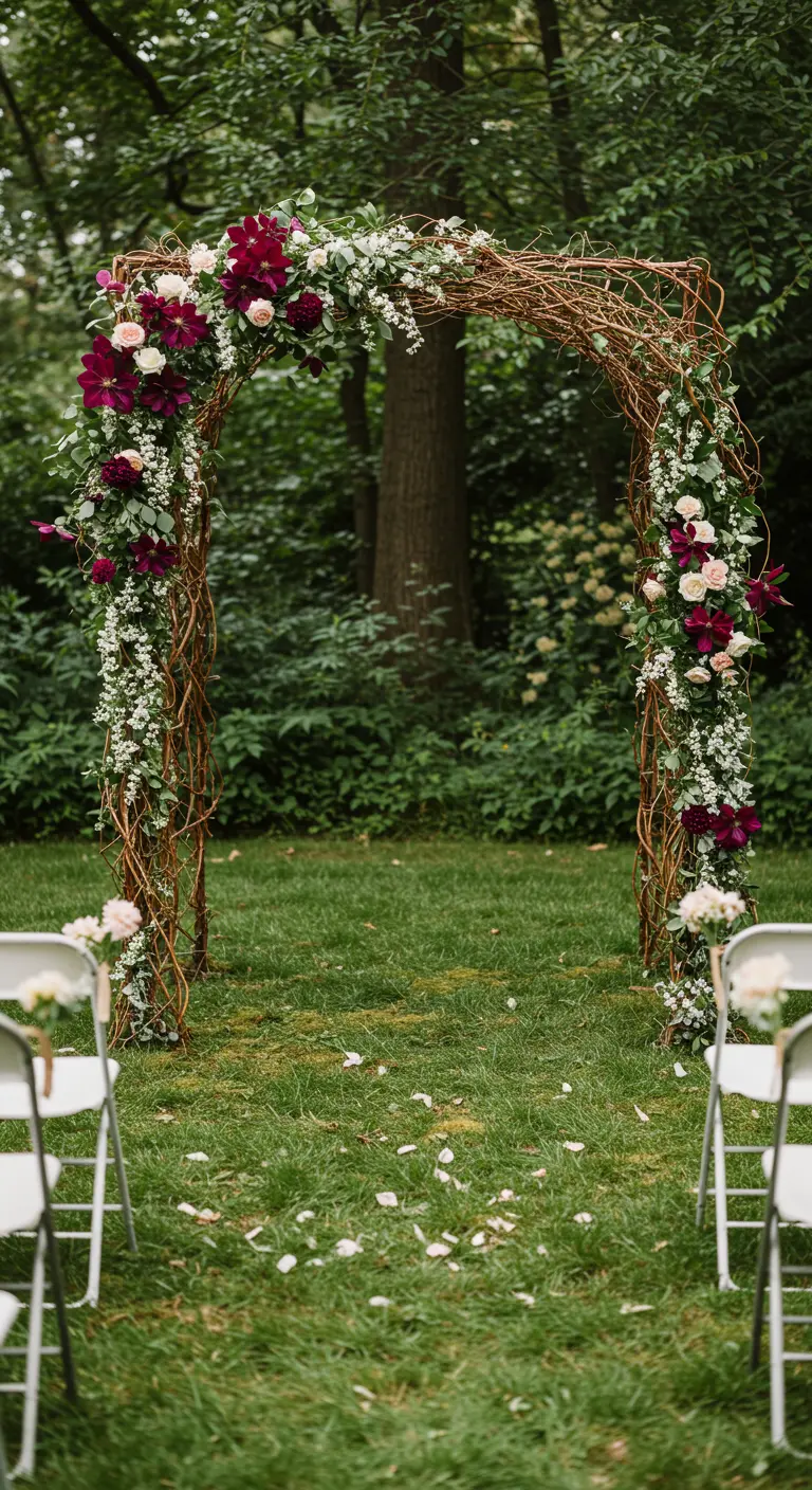A rustic wedding arch made of woven twigs, decorated with burgundy and blush flowers.