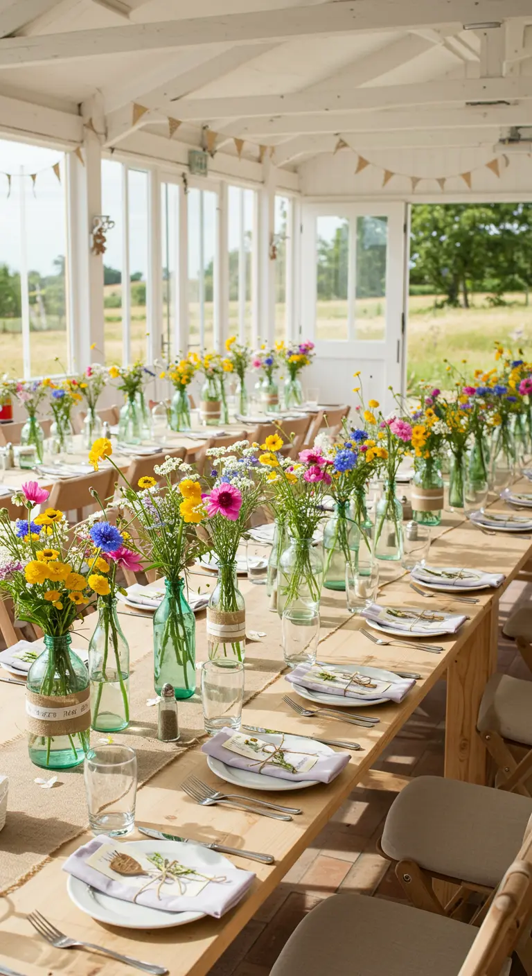 Long table with assorted glass bottles holding colorful wildflowers.