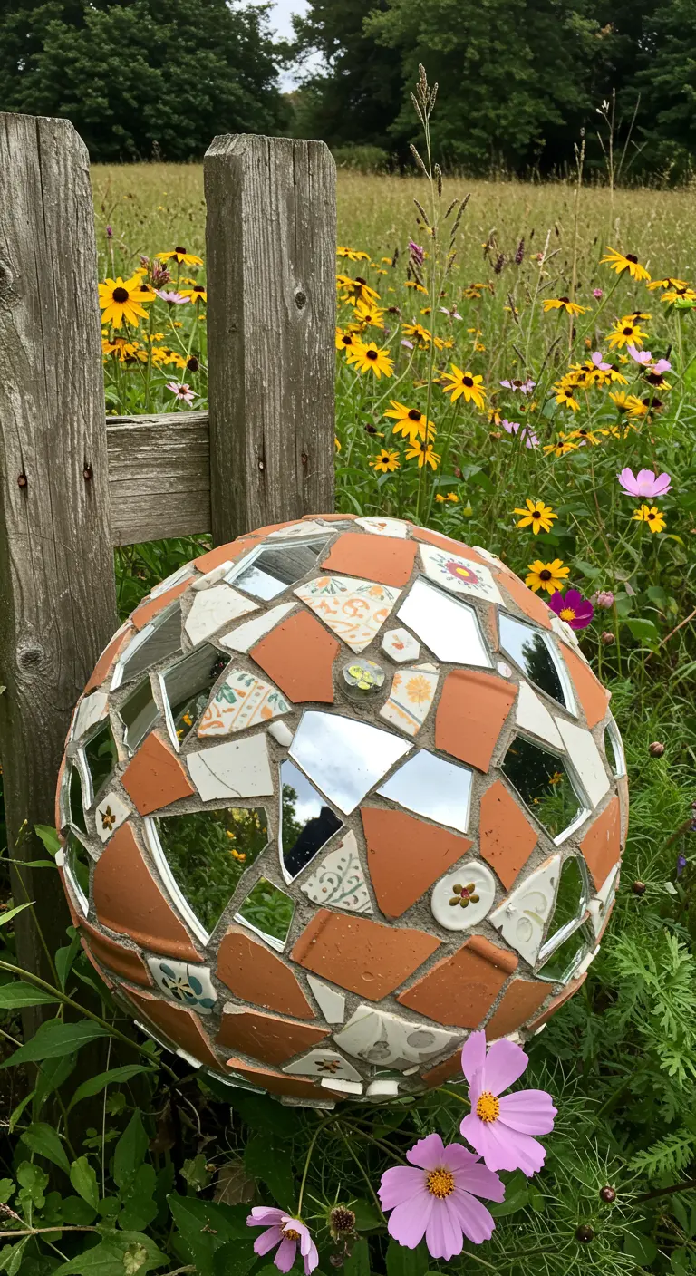 A mosaic gazing ball with terracotta, white tile, and mirror pieces in a field of wildflowers.
