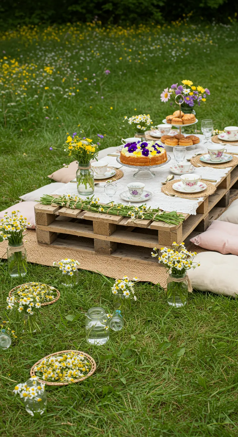 A picnic setup in a wildflower meadow with a pallet table, cushions, and a cake with edible flowers.