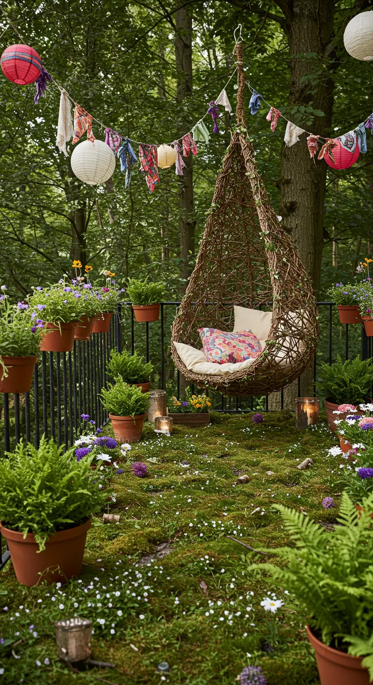 Bohemian balcony with a hanging wicker chair, potted flowers, and mossy floor.
