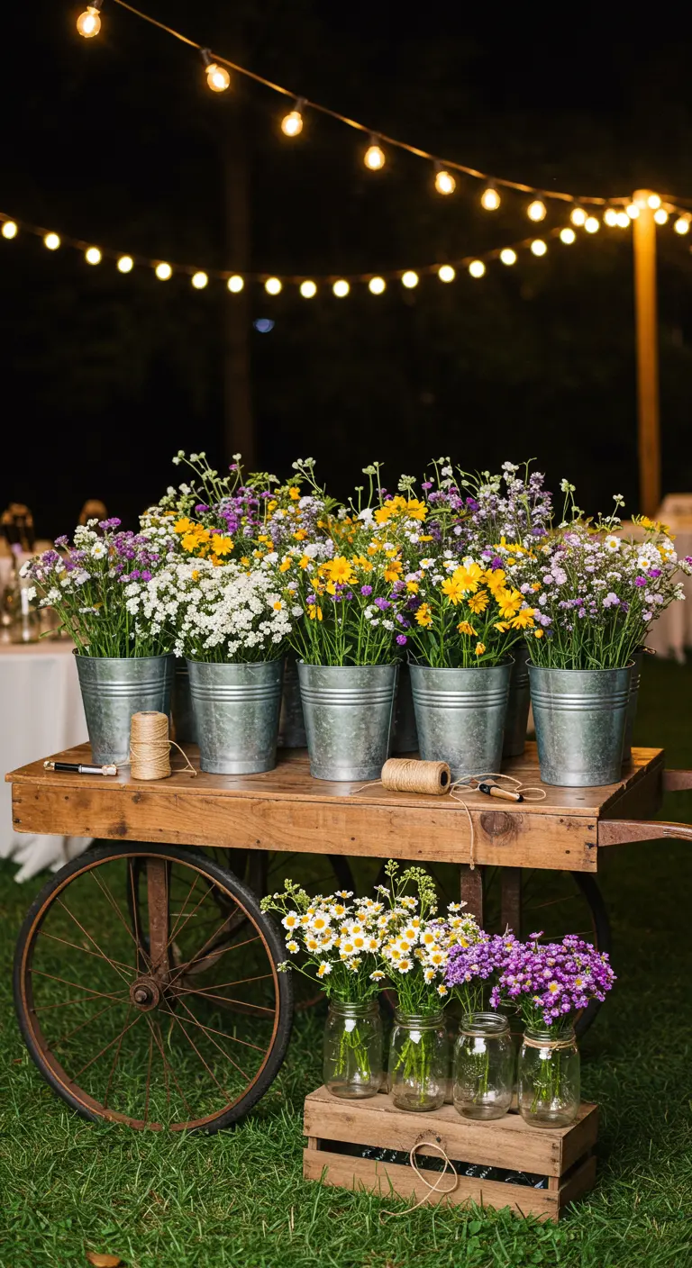 A vintage wooden cart decorated with buckets of wildflowers and Mason jar arrangements for a wedding.