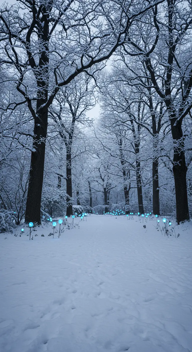 A snowy forest path at dusk lined with small, glowing blue orbs.