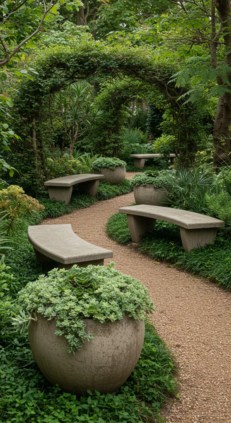 Curved concrete benches nestled along a winding gravel path in a lush, green garden.