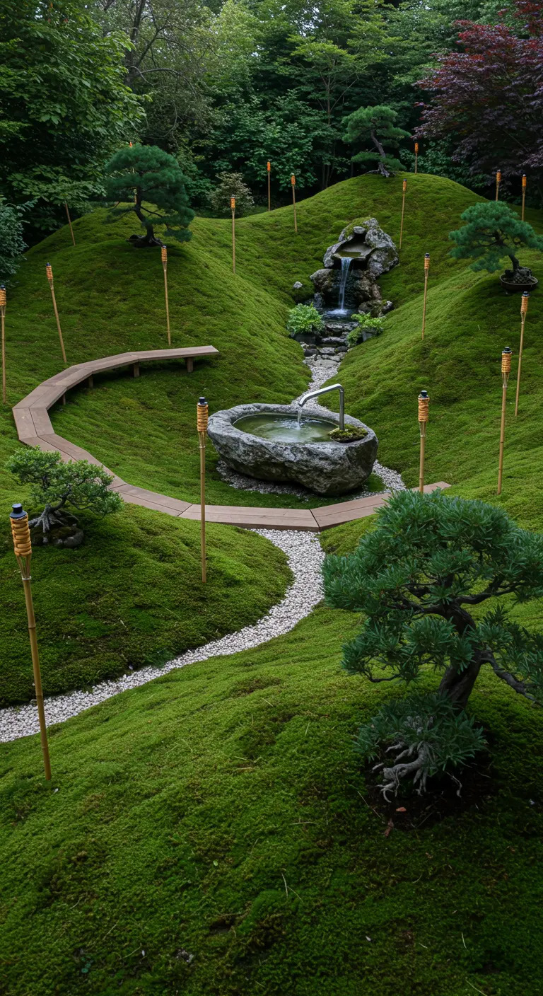 A winding wooden path over rolling moss hills, leading to a stone basin and small waterfall.