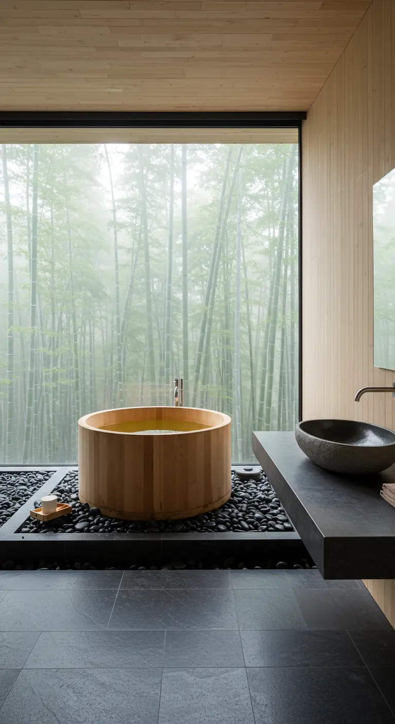 Light wood soaking tub on black river rocks, facing a large window overlooking a bamboo forest.