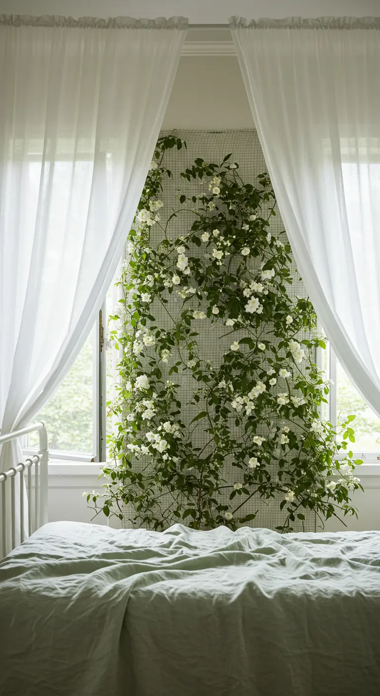 A trellis of white climbing roses positioned on the wall between two windows.