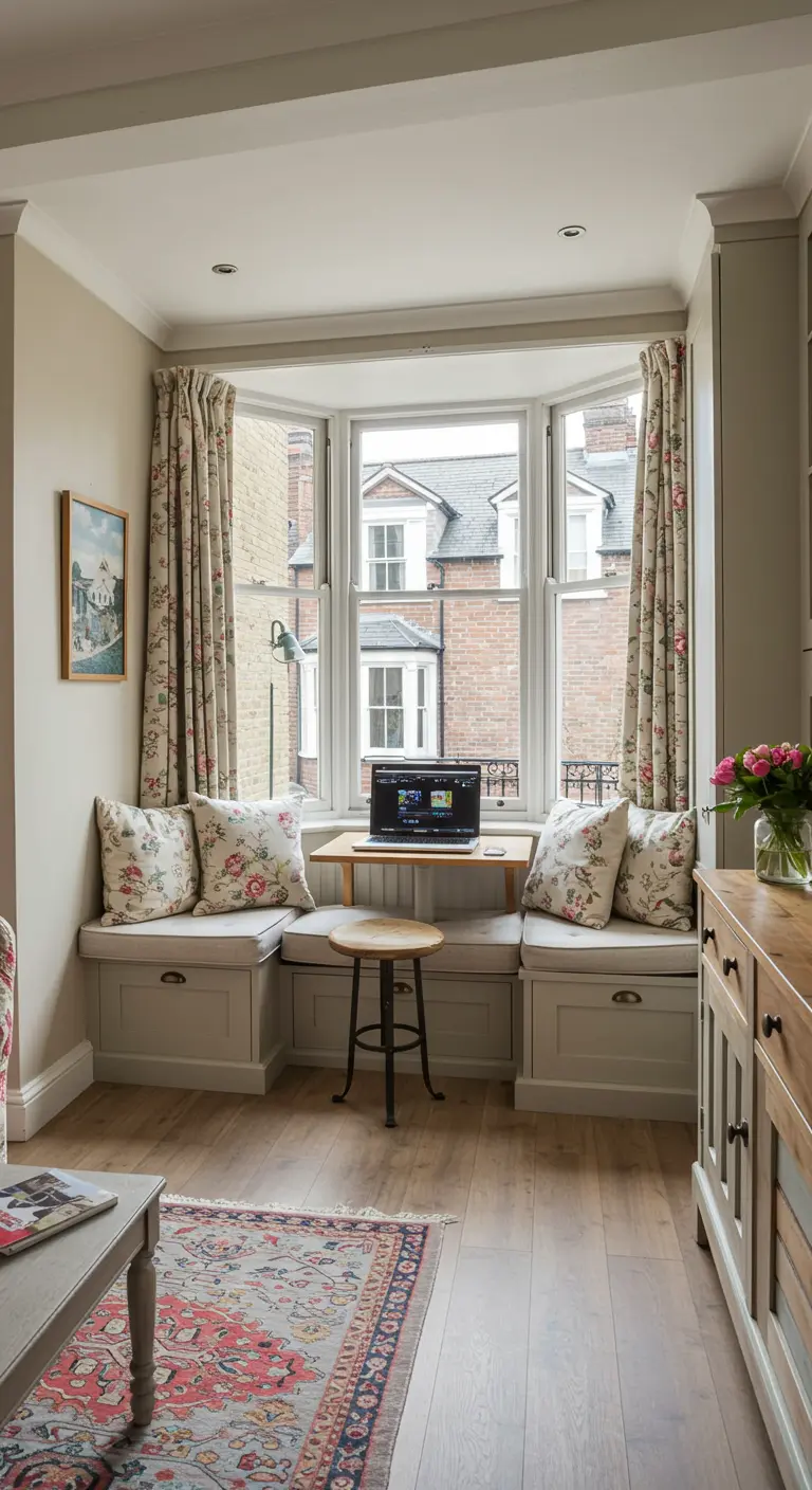 A laptop on a small table in a window seat nook with built-in benches and floral cushions.