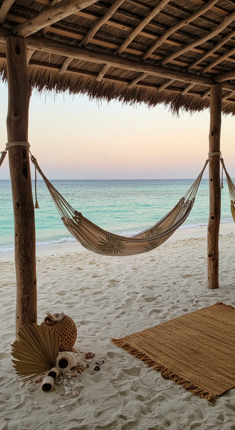 A palm-print hammock strung between two wooden posts on a white sand beach at sunset.