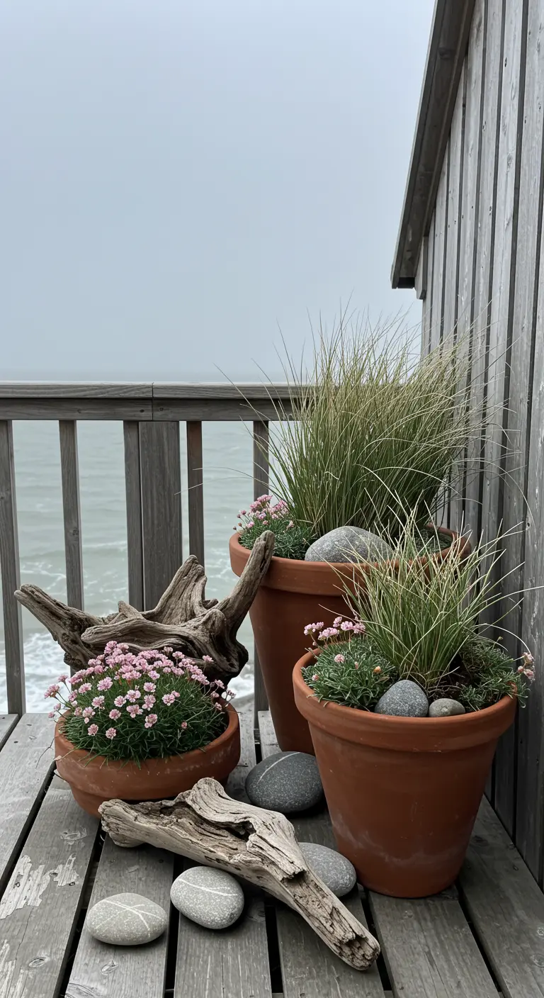Terracotta pots with ornamental grass and pink flowers, styled with driftwood and stones.
