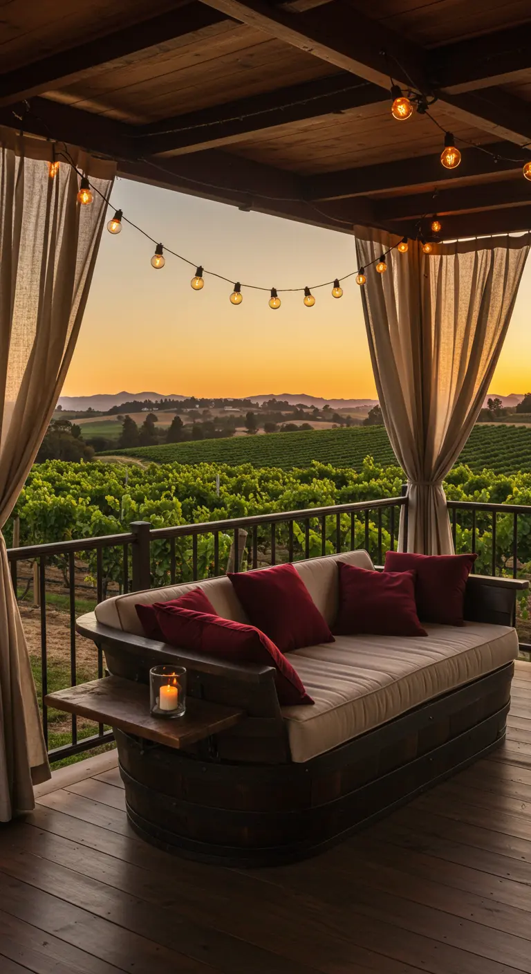 A daybed made from wine barrels on a veranda overlooking a vineyard at sunset.