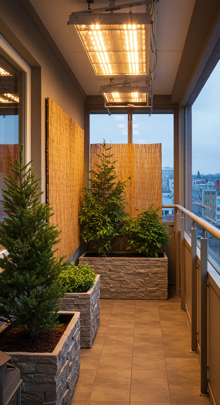 Enclosed balcony in winter with evergreen trees in planters and an overhead heater