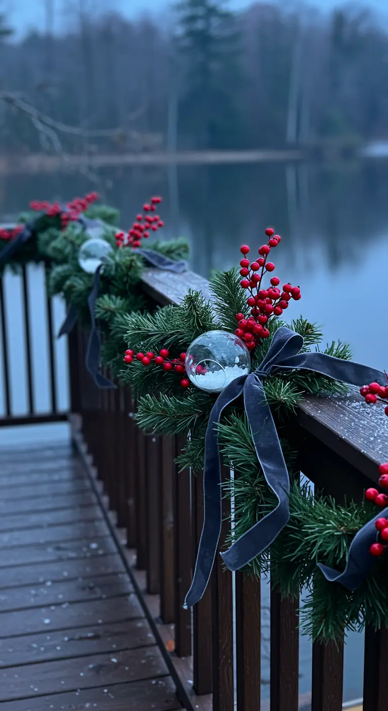 Dark wood railing with garland, black velvet bows, red berries, and clear glass ornaments.
