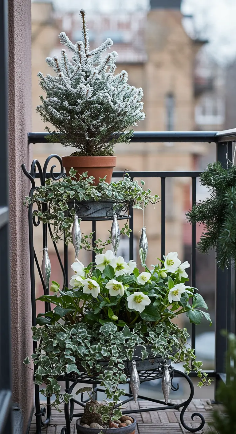 A tiered plant stand with blooming white Hellebores, ivy, and hanging silver ornaments.