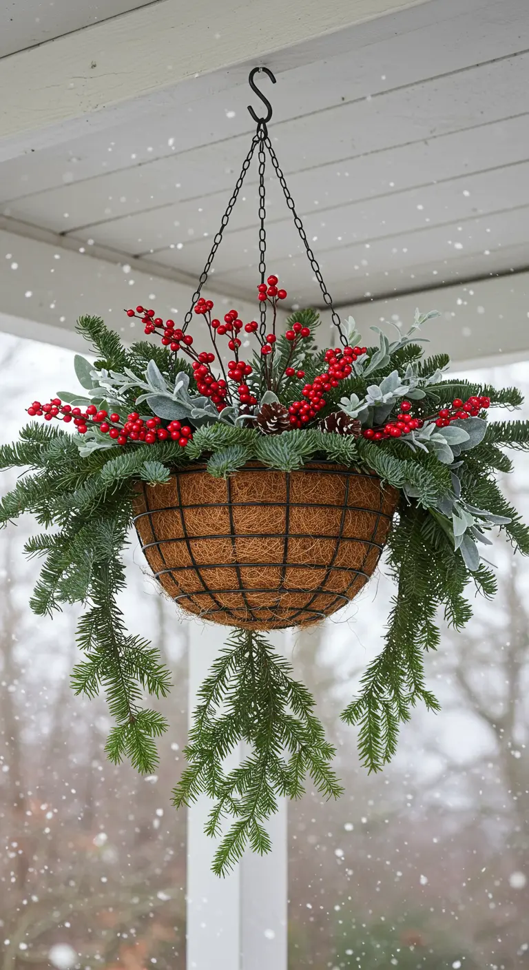 A hanging basket with fir, red berries, and silvery foliage, with snow falling.