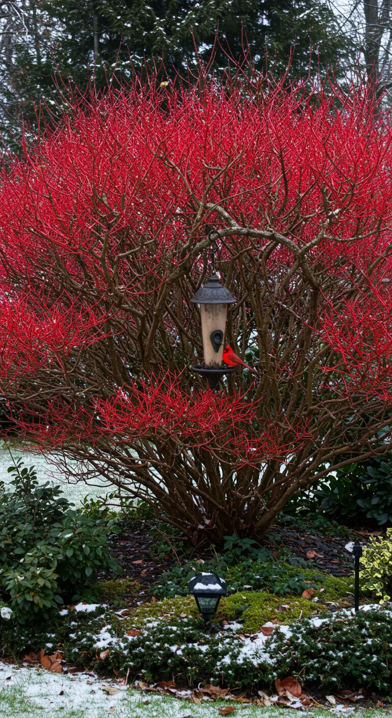 A Red-twig Dogwood's bare red branches in winter, with a cardinal on a bird feeder.