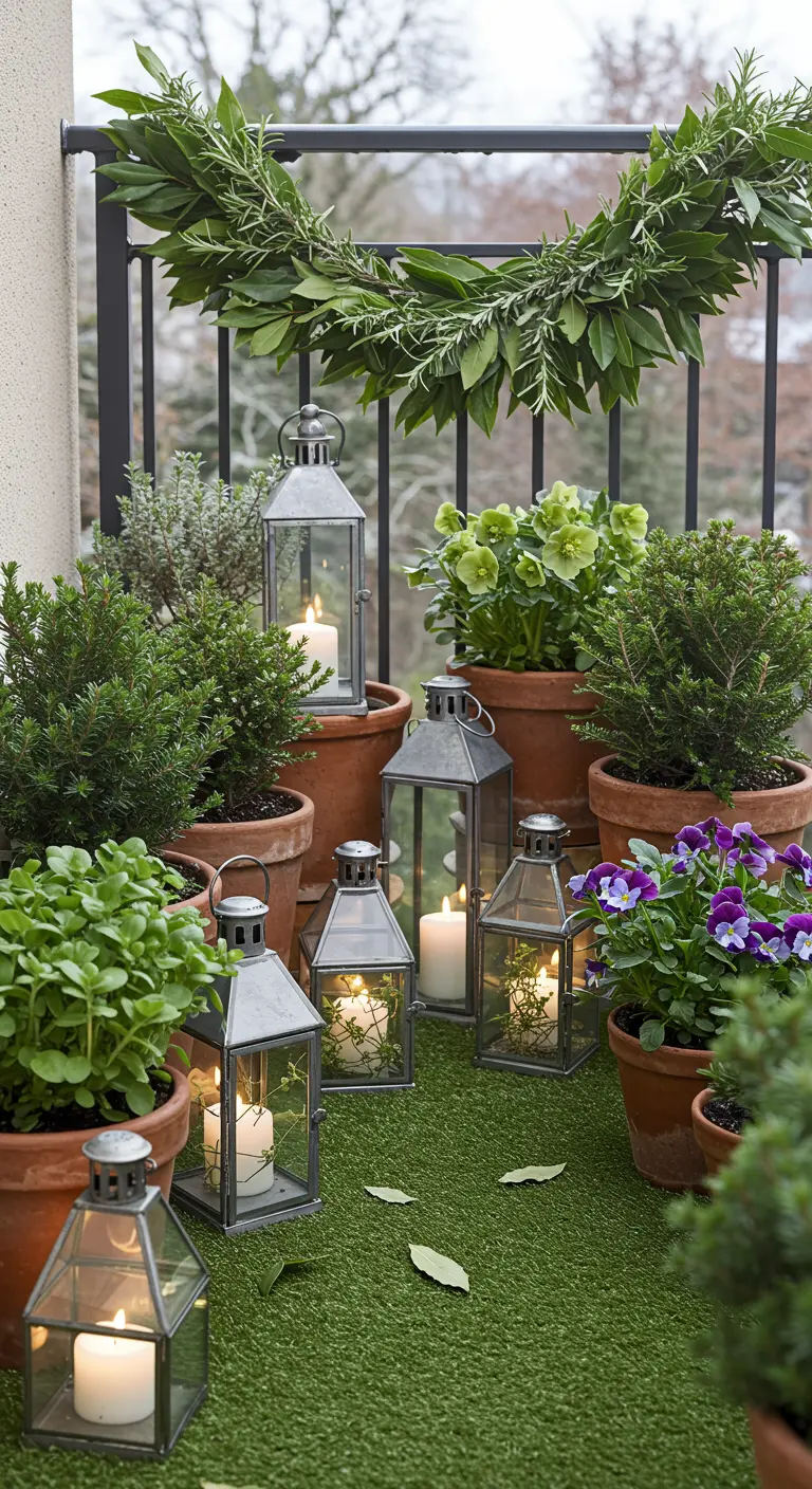 A balcony styled like a garden with an artificial grass rug and many potted winter plants.