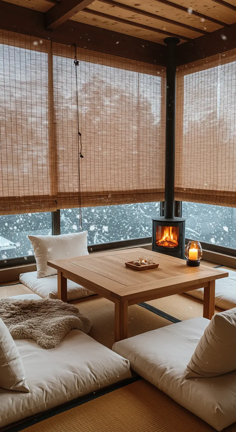A cozy, enclosed balcony in winter with a small wood stove, sheepskin rug, and low table.