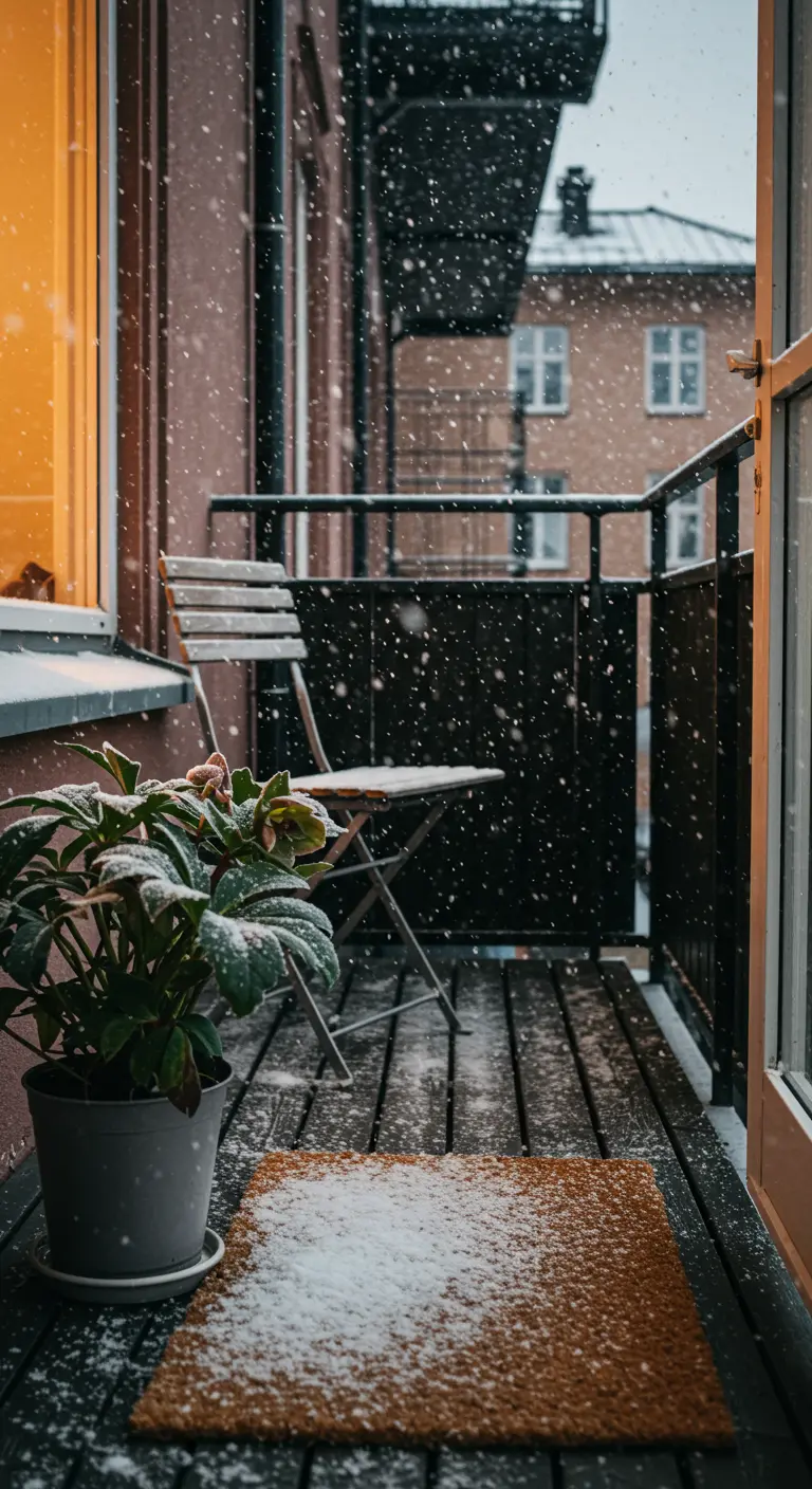 A snow-dusted coir mat and a potted Hellebore plant outside a balcony door during snowfall.