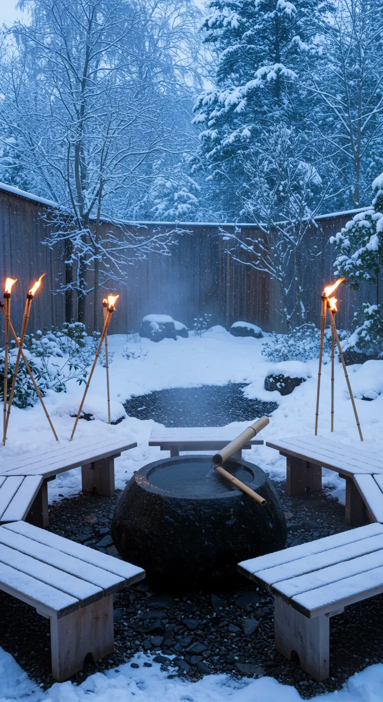 A Zen seating circle with wooden benches and a dark stone basin covered in snow.