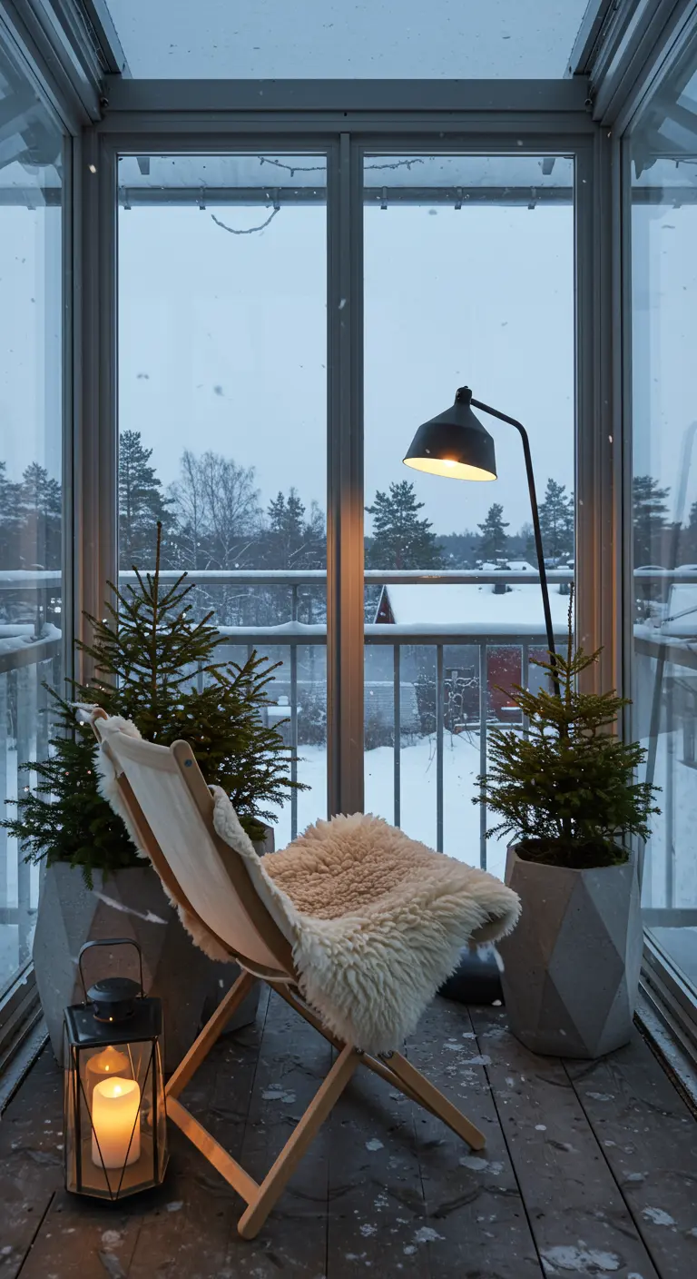A glass-enclosed balcony in winter with a chair, lamp, and small evergreen trees.