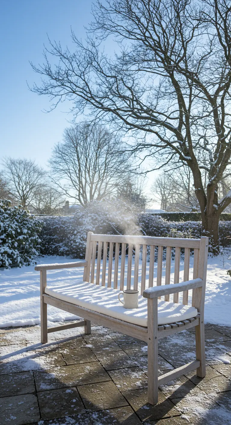 A light wood bench lightly dusted with snow on a patio in winter.