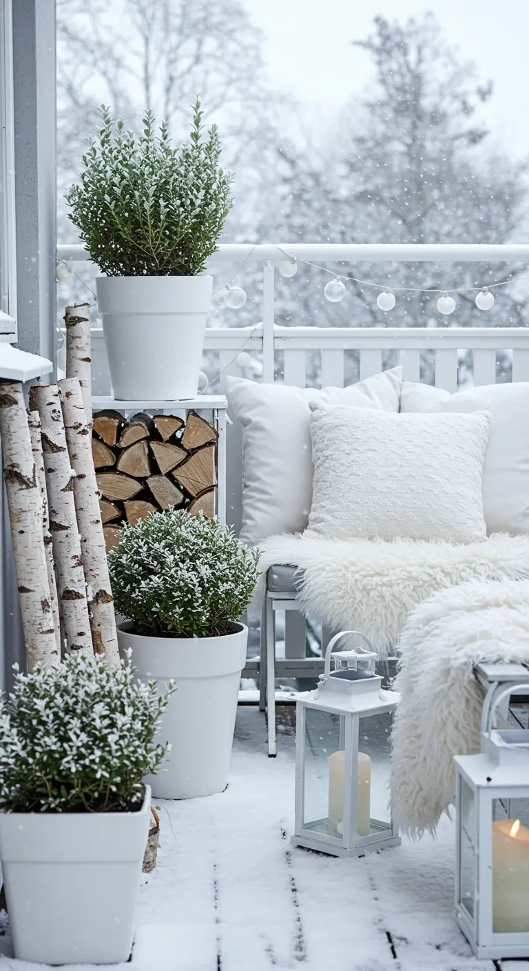 An all-white balcony with white planters, lanterns, faux fur throws, and birch logs.