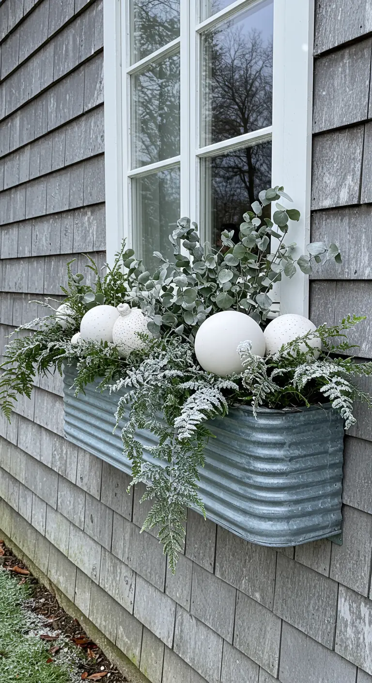 A galvanized metal window box with white baubles, eucalyptus, and frosted ferns.