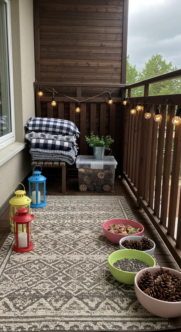 Balcony set up as a feeding station for birds with bowls of seeds and pinecones.