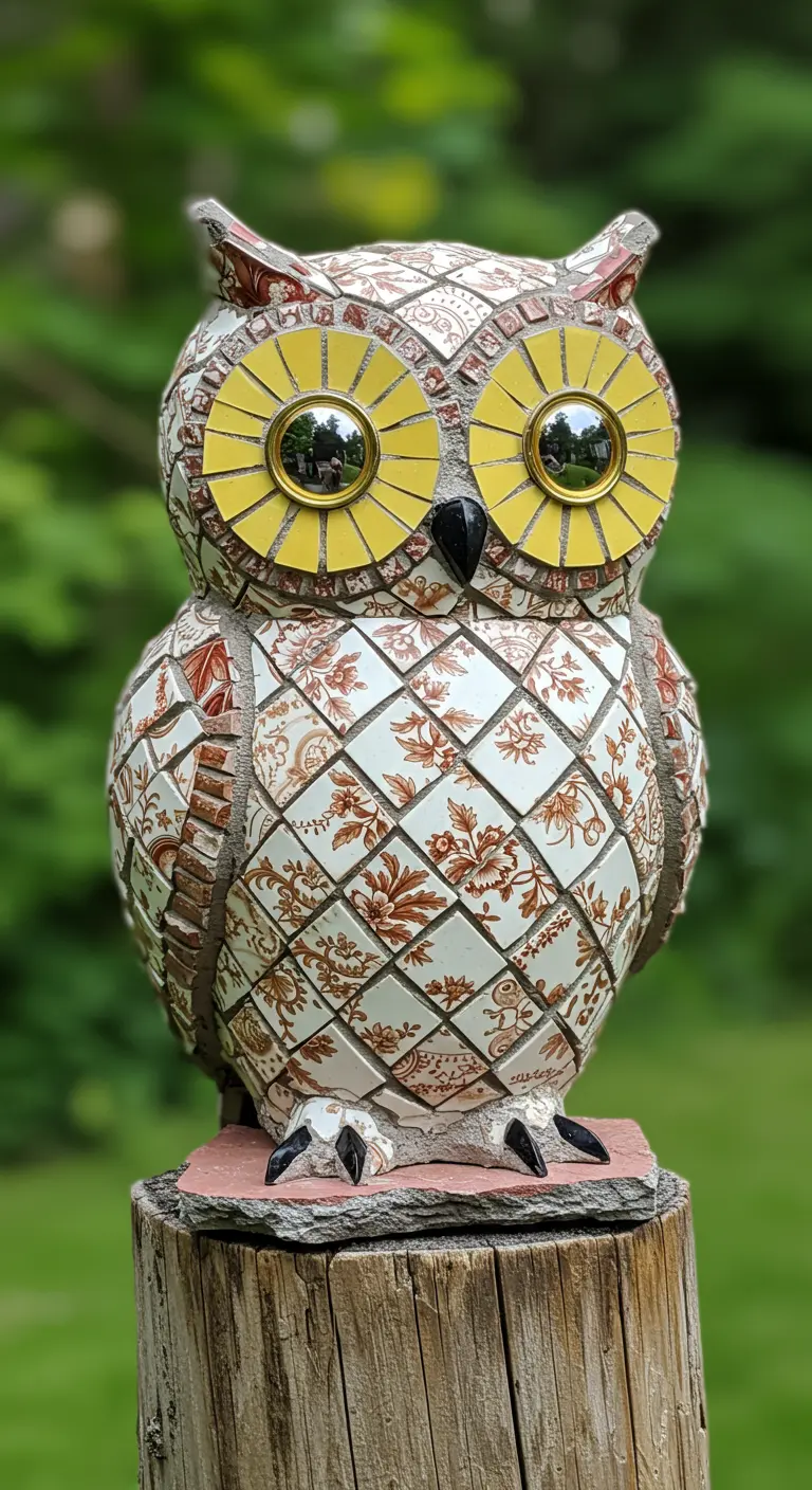 A mosaic owl sculpture with brown and white china patterns and large, mirrored yellow eyes.