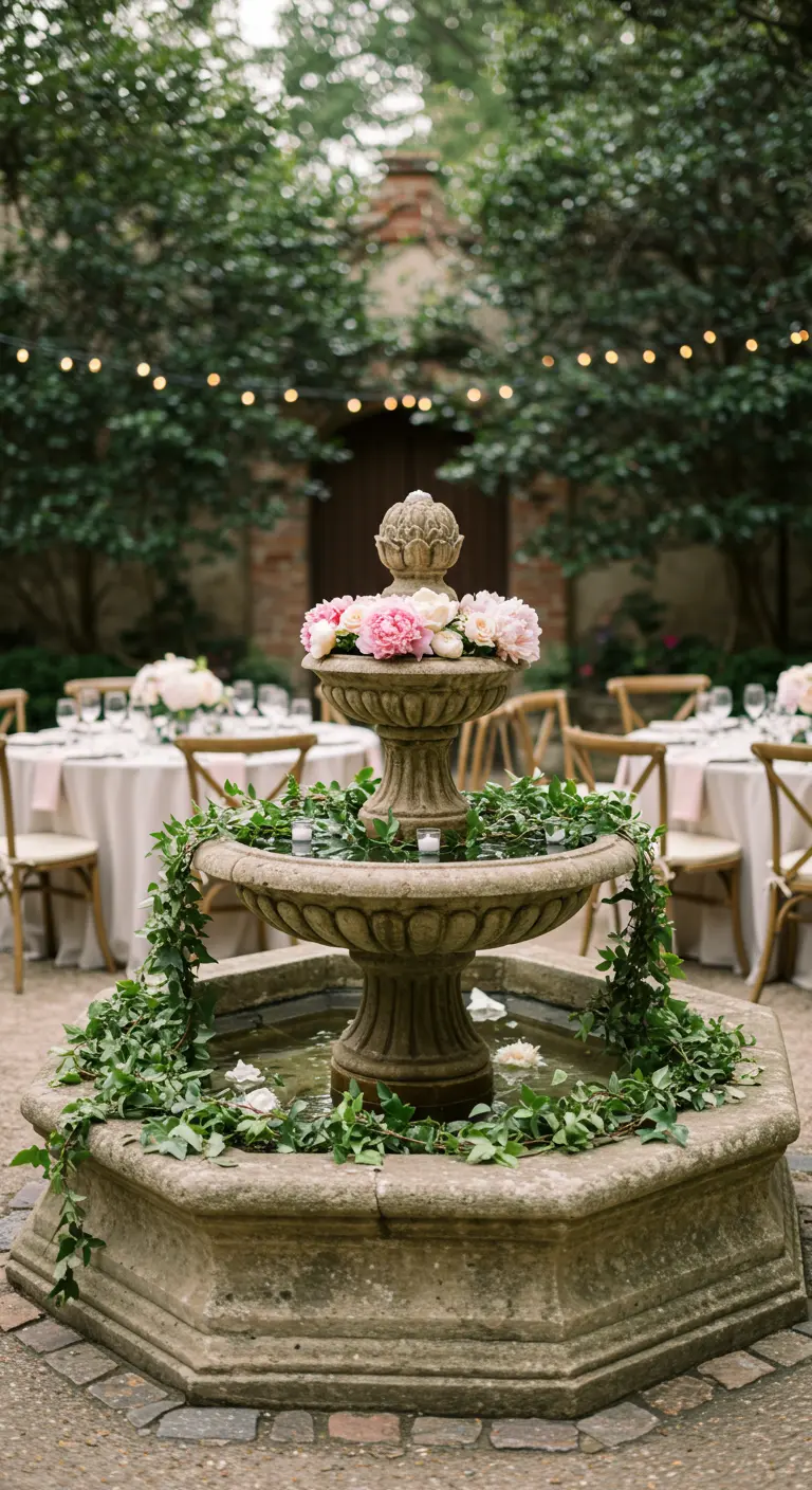 A stone garden fountain decorated with draping ivy and pink peonies.