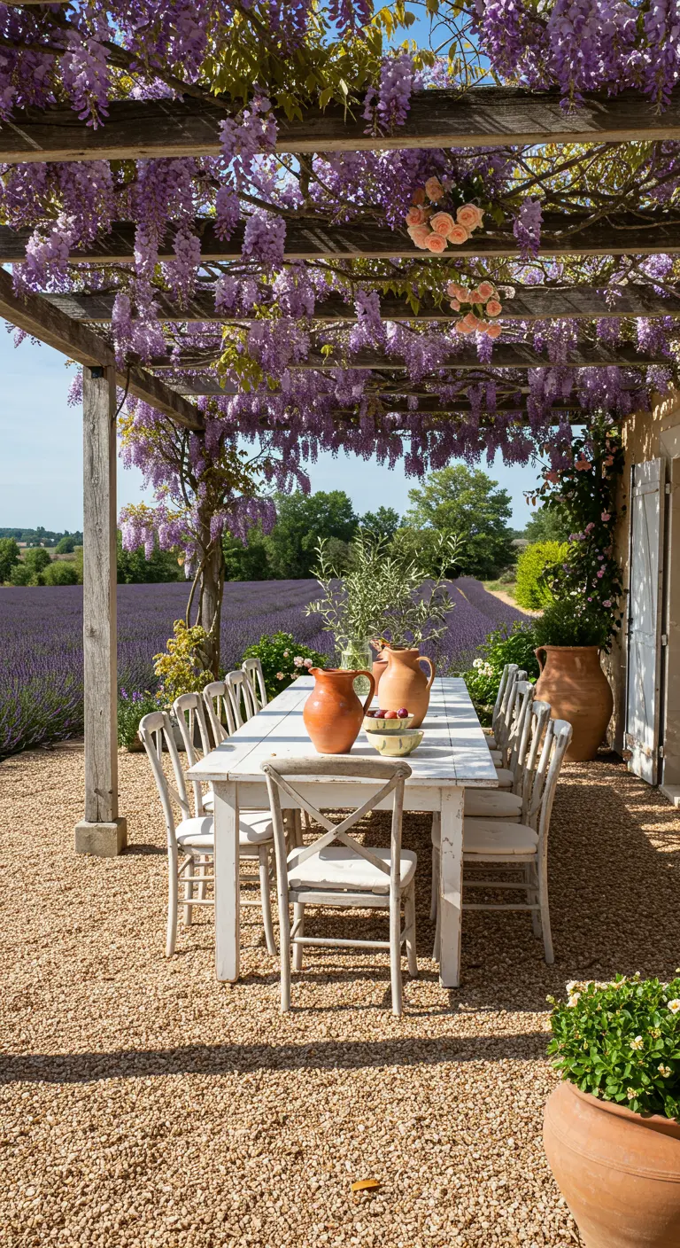 A dining table set under a pergola dripping with purple wisteria, overlooking lavender fields.