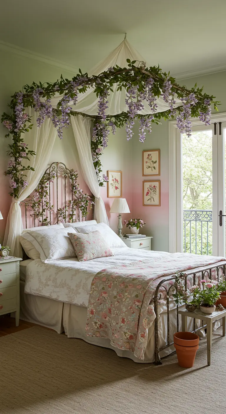Romantic bedroom with ombre wall and a bed canopy draped in wisteria flowers.