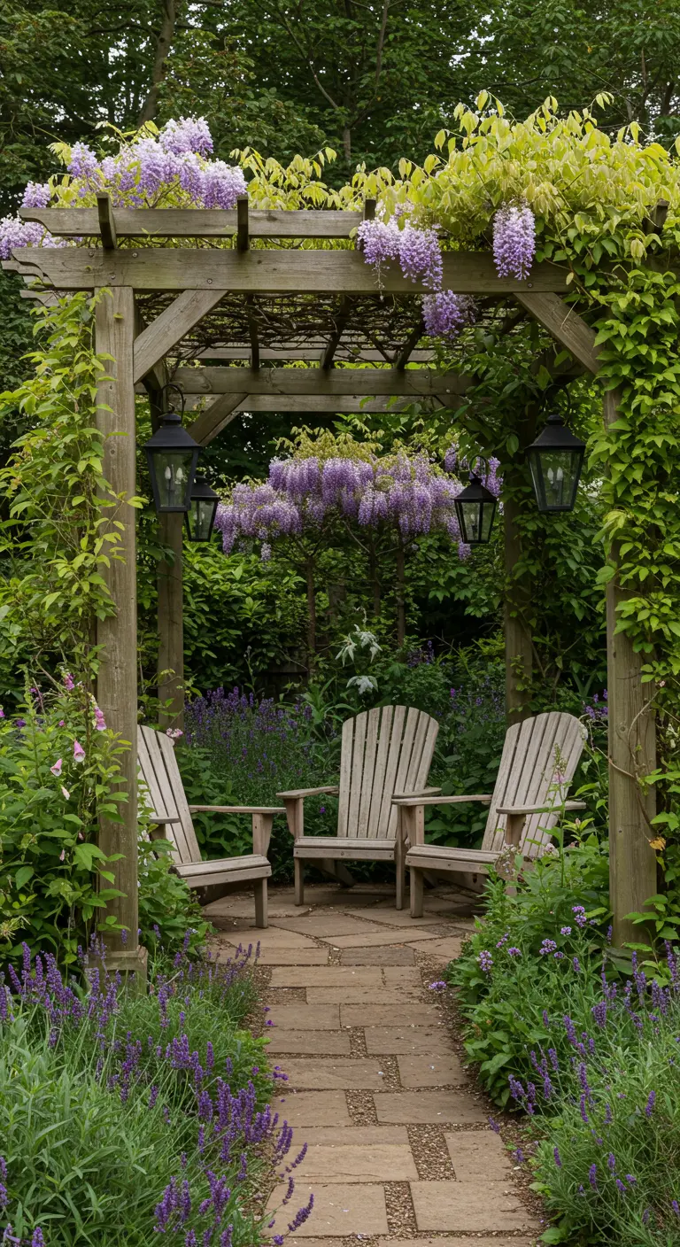 A weathered pergola covered in blooming wisteria and lavender, framing three Adirondack chairs.