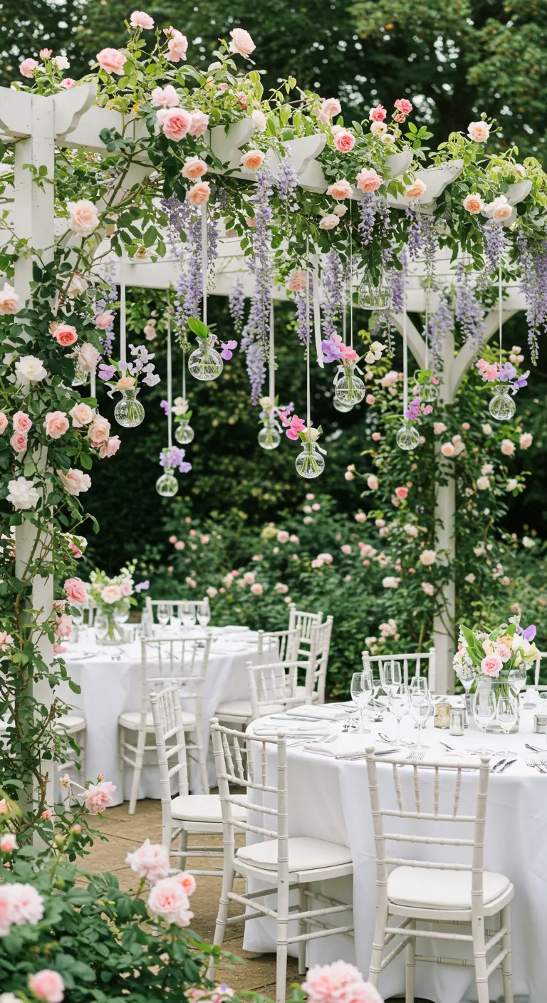 A white pergola dripping with wisteria and hanging glass vases over wedding tables.