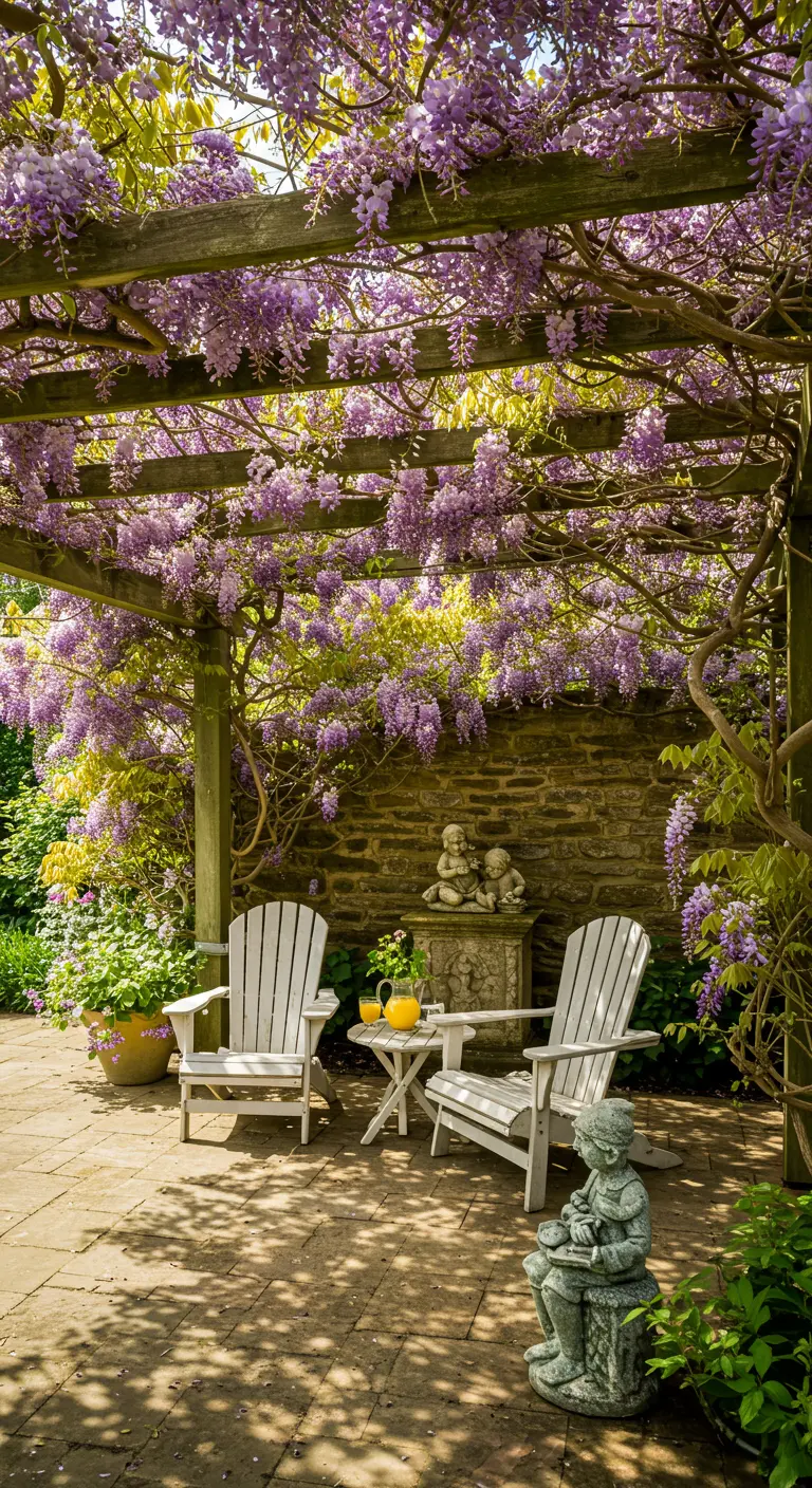 A patio under a wisteria-covered pergola with chairs and several small cherub statues.