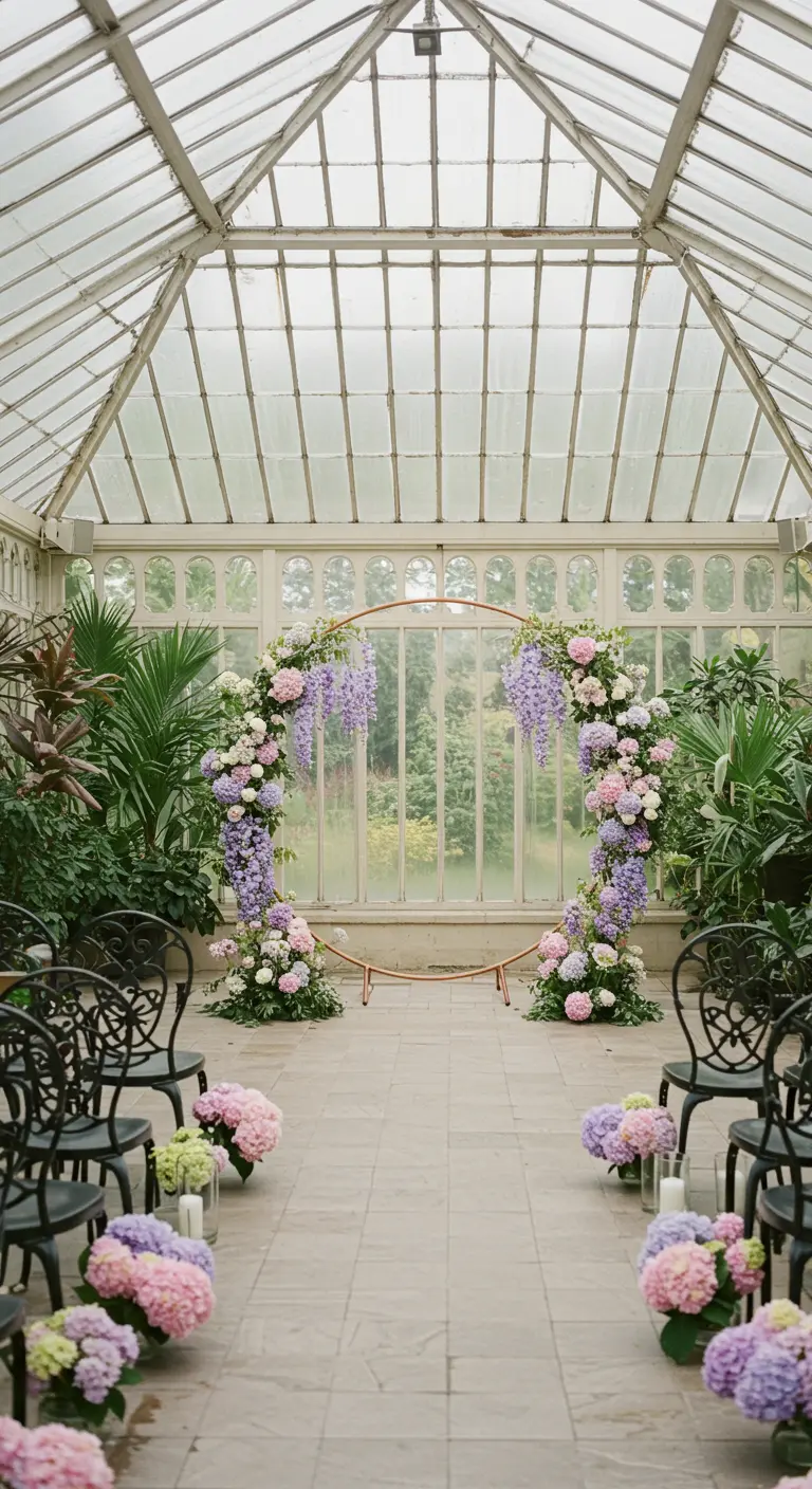 A full floral hoop arch with pink, purple, and white flowers in a conservatory.