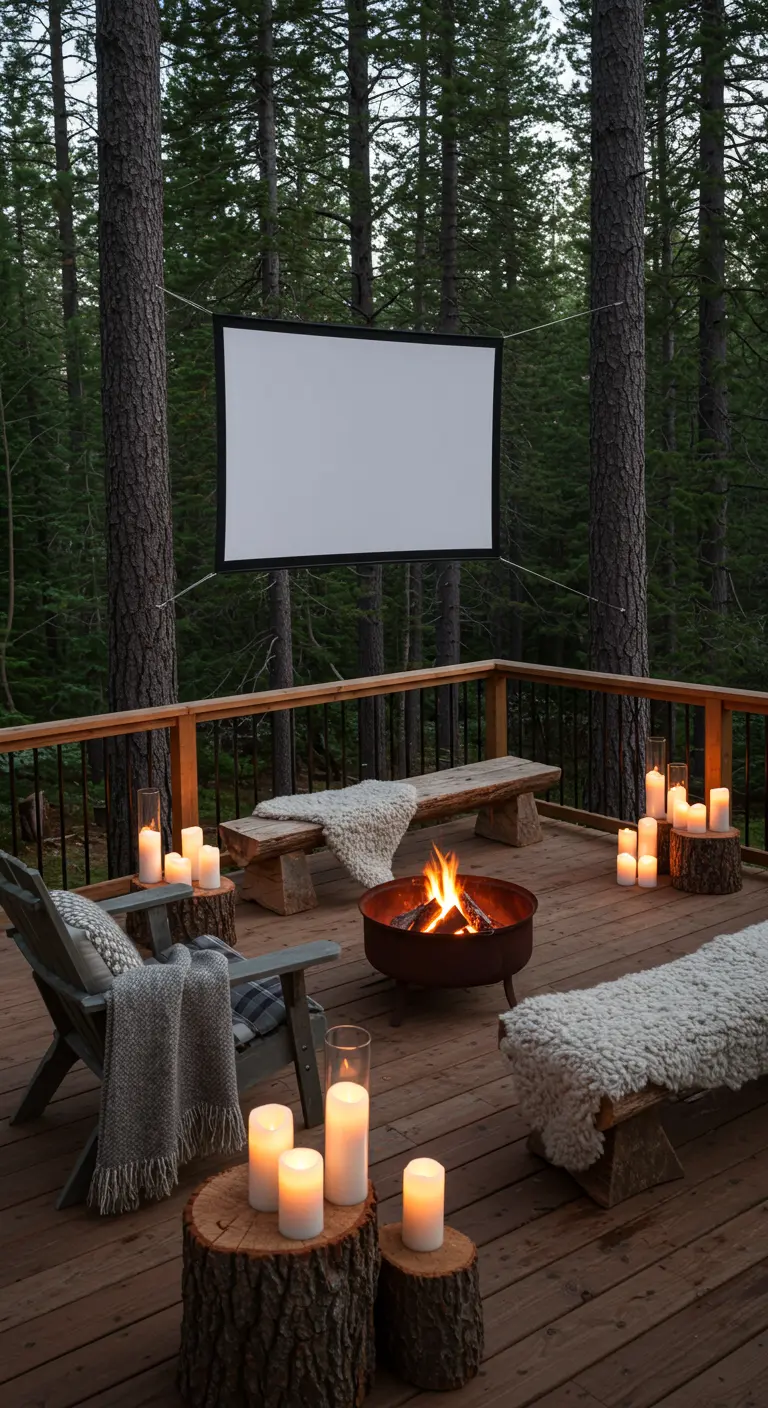 A rustic wooden deck in a forest with a fire pit, log stump tables, and cozy blankets for a movie.