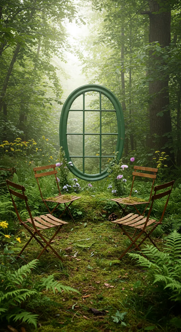 An oval green window frame stands in a mossy forest clearing, surrounded by ferns and rustic chairs.