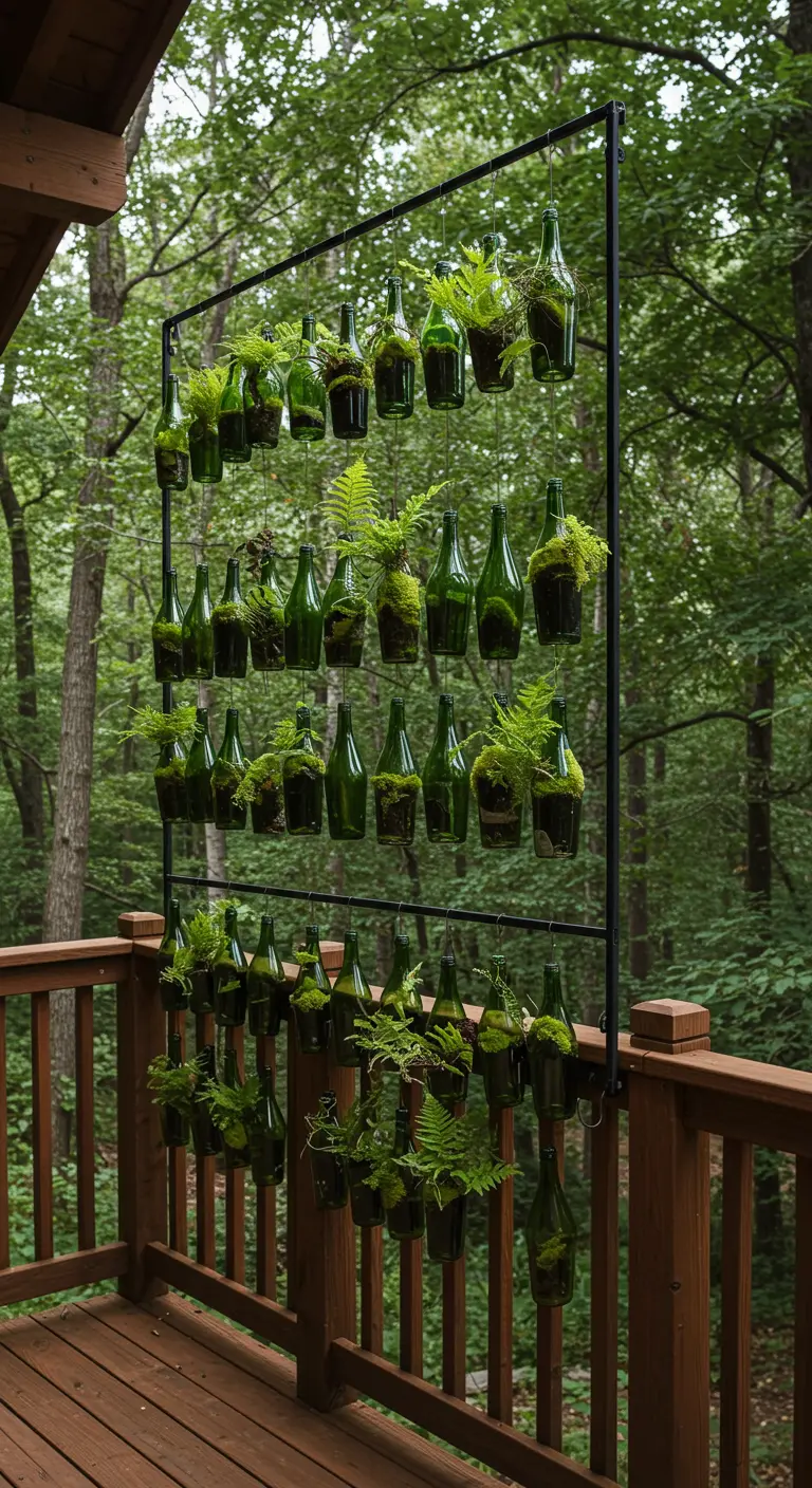 A vertical bottle garden full of ferns attached to a wooden deck railing.