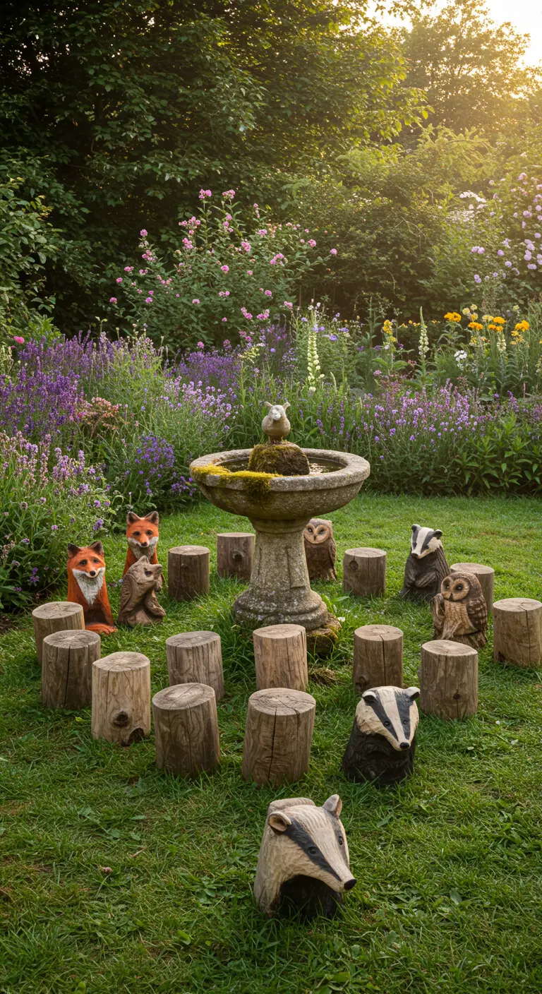 Log stools, some carved into woodland animals like foxes and owls, circle a birdbath in a cottage garden.